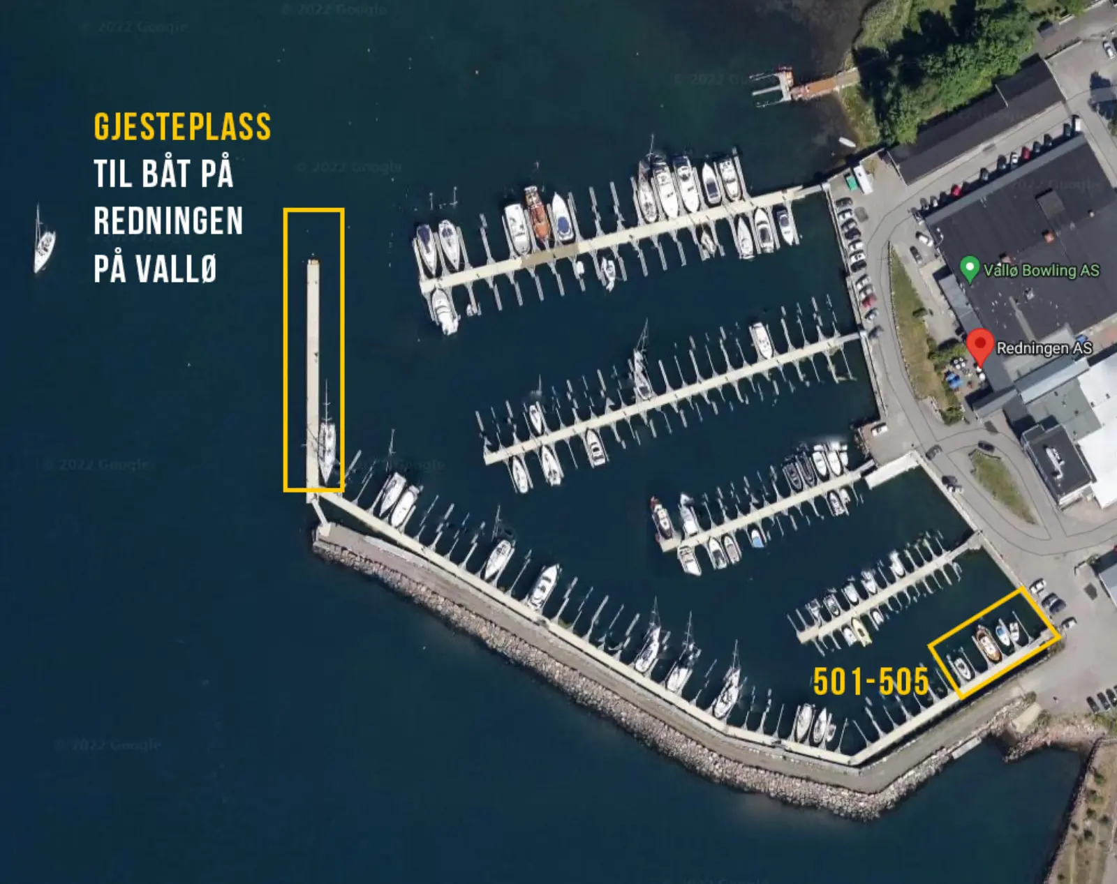 Flyfoto av Vallø båthavn med Redningens gjesteplasser 501–505 markert