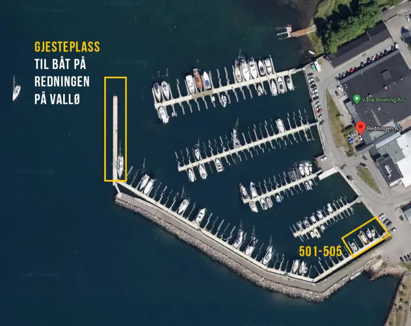 Flyfoto av Vallø båthavn med gjesteplassene markert